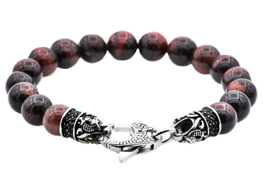 Red Tiger Eye Stainless Steel Beaded Bracelet With Black Cubic Zirconia