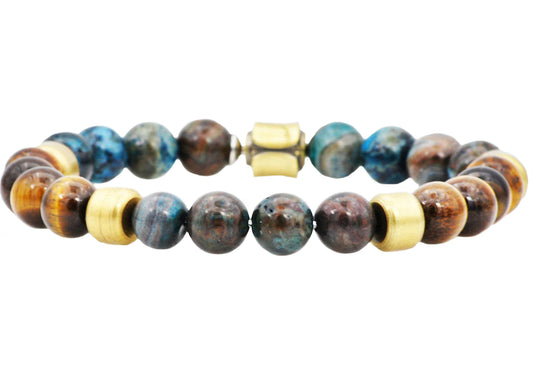 Blue Crazy Lace And Tiger Eye Gold Stainless Steel Beaded Bracelet