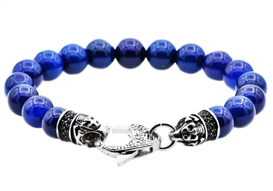 Blue Agate Stainless Steel Beaded Bracelet With Black Cubic Zirconia