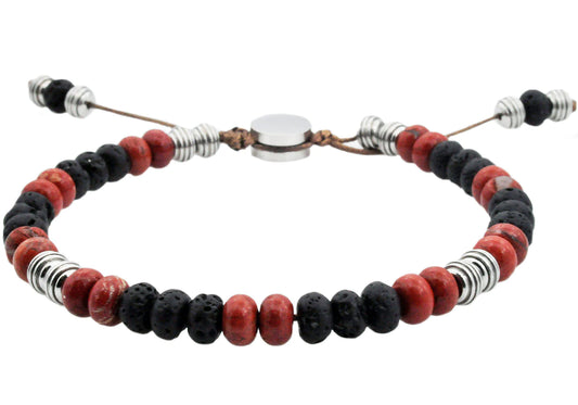 Red Fossil And Lava Stone Stainless Steel Beaded Bracelet