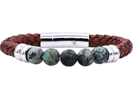 African Turquoise And Brown Leather Stainless Steel Beaded Bracelet