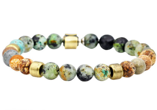 African Turquoise And Jasper Gold Stainless Steel Beaded Bracelet