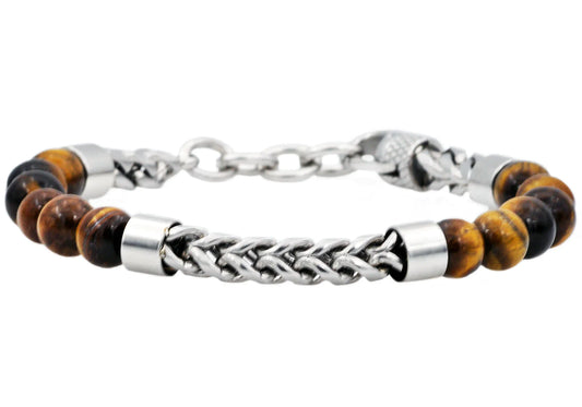 Tiger Eye Stainless Steel Beaded And Franco Link Chain Bracelet With Adjustable Clasp