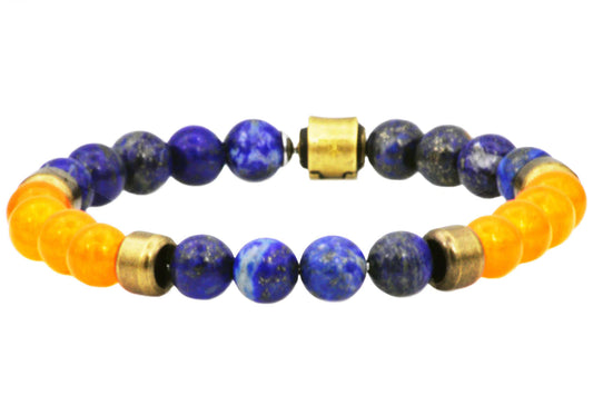 Lapis Lazuli And Orange Carnelian Gold Stainless Steel Beaded Bracelet