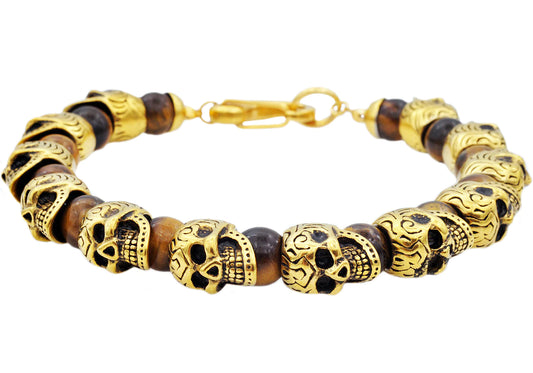 Tiger Eye Gold Stainless Steel Skull Beaded Bracelet