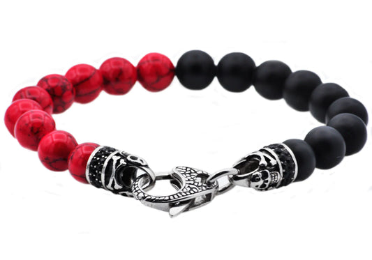 Onyx And Red Fossil Stone Stainless Steel Beaded Bracelet With Cubic Zirconia