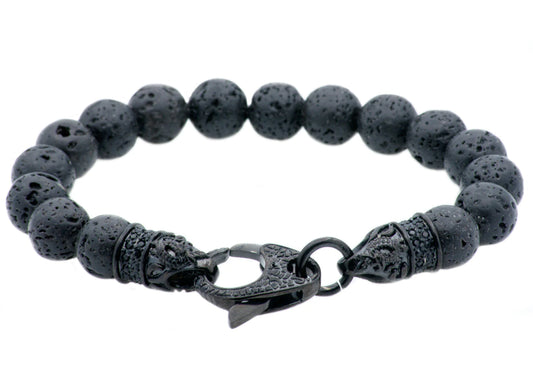 Lava Stone Black Plated Stainless Steel Beaded Bracelet With Black Cubic Zirconia