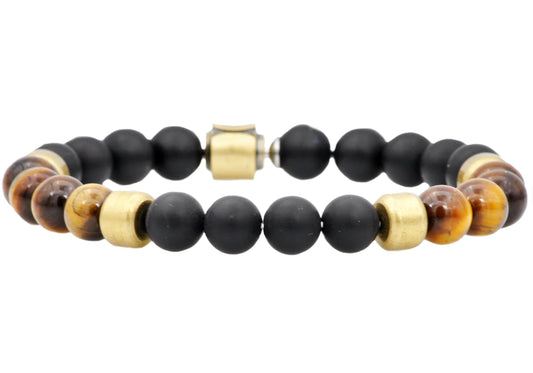 Onyx And Tiger Eye Gold Stainless Steel Beaded Bracelet