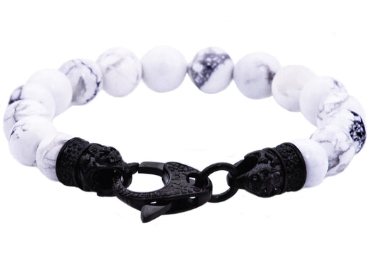 Howlite Black Plated Stainless Steel Beaded Bracelet With Black Cubic Zirconia