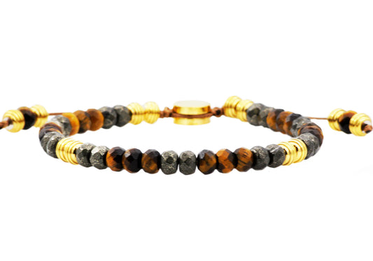 Pyrite And Tiger Eye Gold Stainless Steel Beaded Bracelet