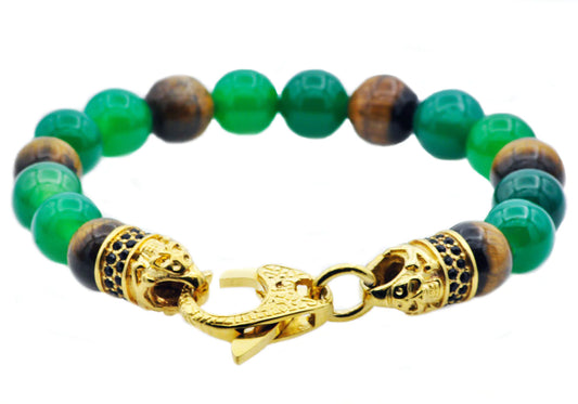 Green Agate And Tiger Eye Gold Stainless Steel Beaded Bracelet