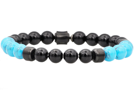 Onyx And Turquoise Black Stainless Steel Beaded Bracelet