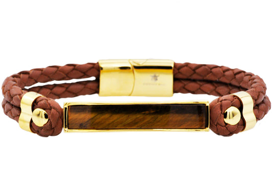 Tiger Eye And Brown Leather Gold Stainless Steel Bracelet