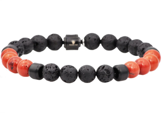 Lava Stone And Red Fossil Black Plated Stainless Steel Beaded Bracelet