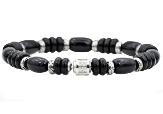 Onyx Stainless Steel Beaded Bracelet With Cubic Zirconia
