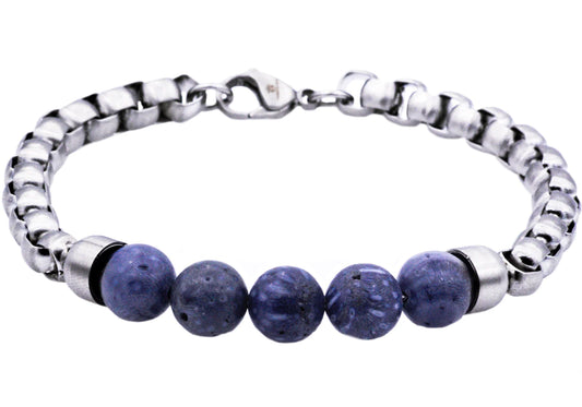 Blue Coral Stainless Steel Beaded And Rollo Link Chain Bracelet