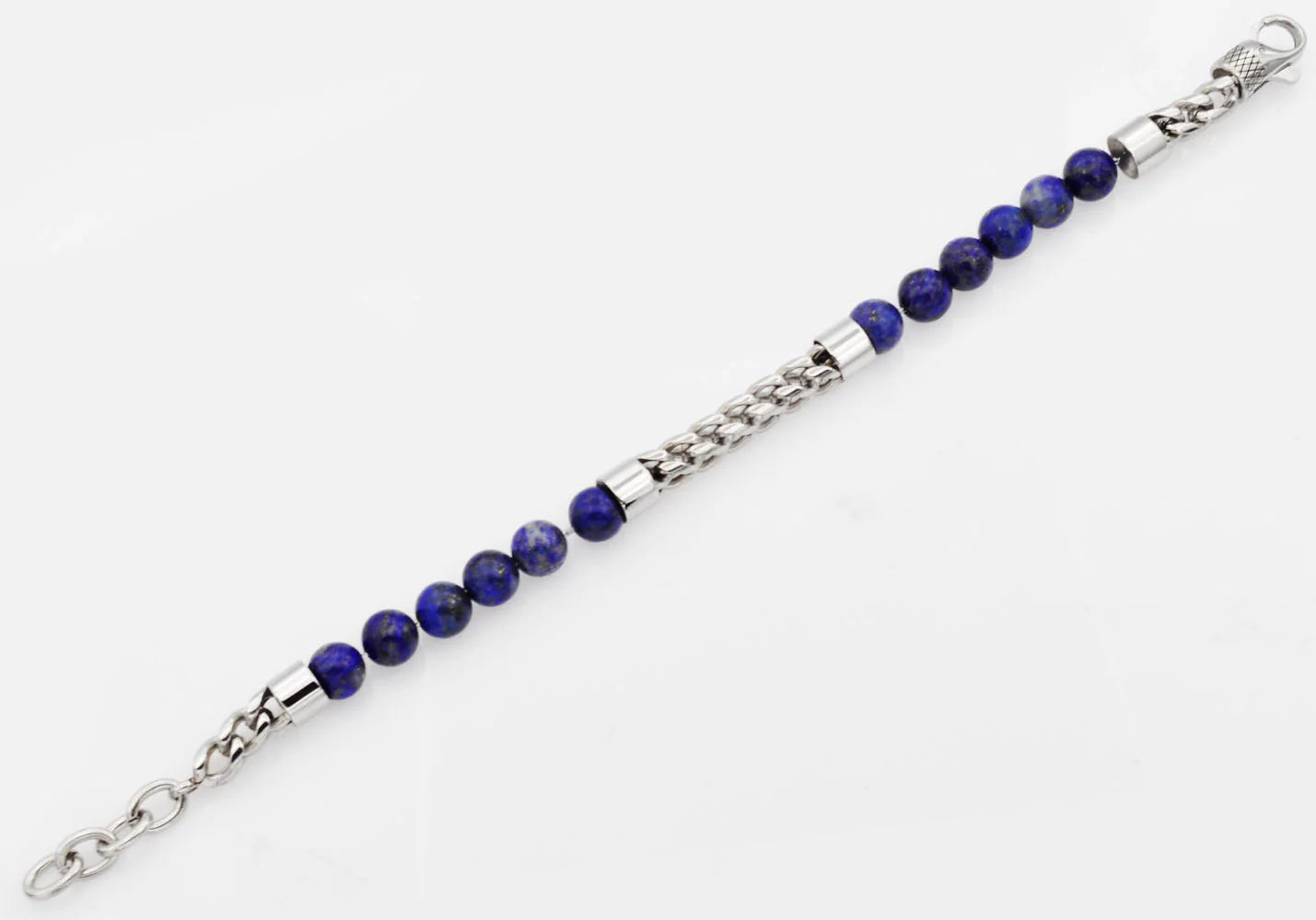 Lapis Lazuli Stainless Steel Beaded And Franco Link Chain Bracelet With Adjustable Clasp