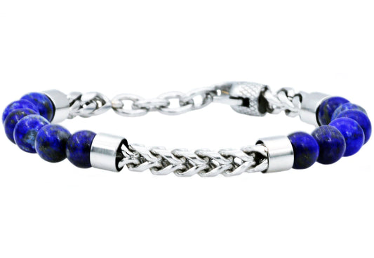 Lapis Lazuli Stainless Steel Beaded And Franco Link Chain Bracelet With Adjustable Clasp