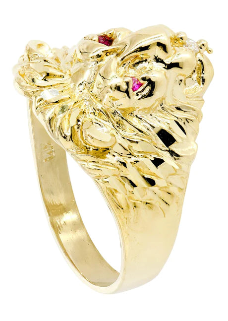 Lion & Ruby 10K Yellow Gold Mens Ring. | 5.8 Grams