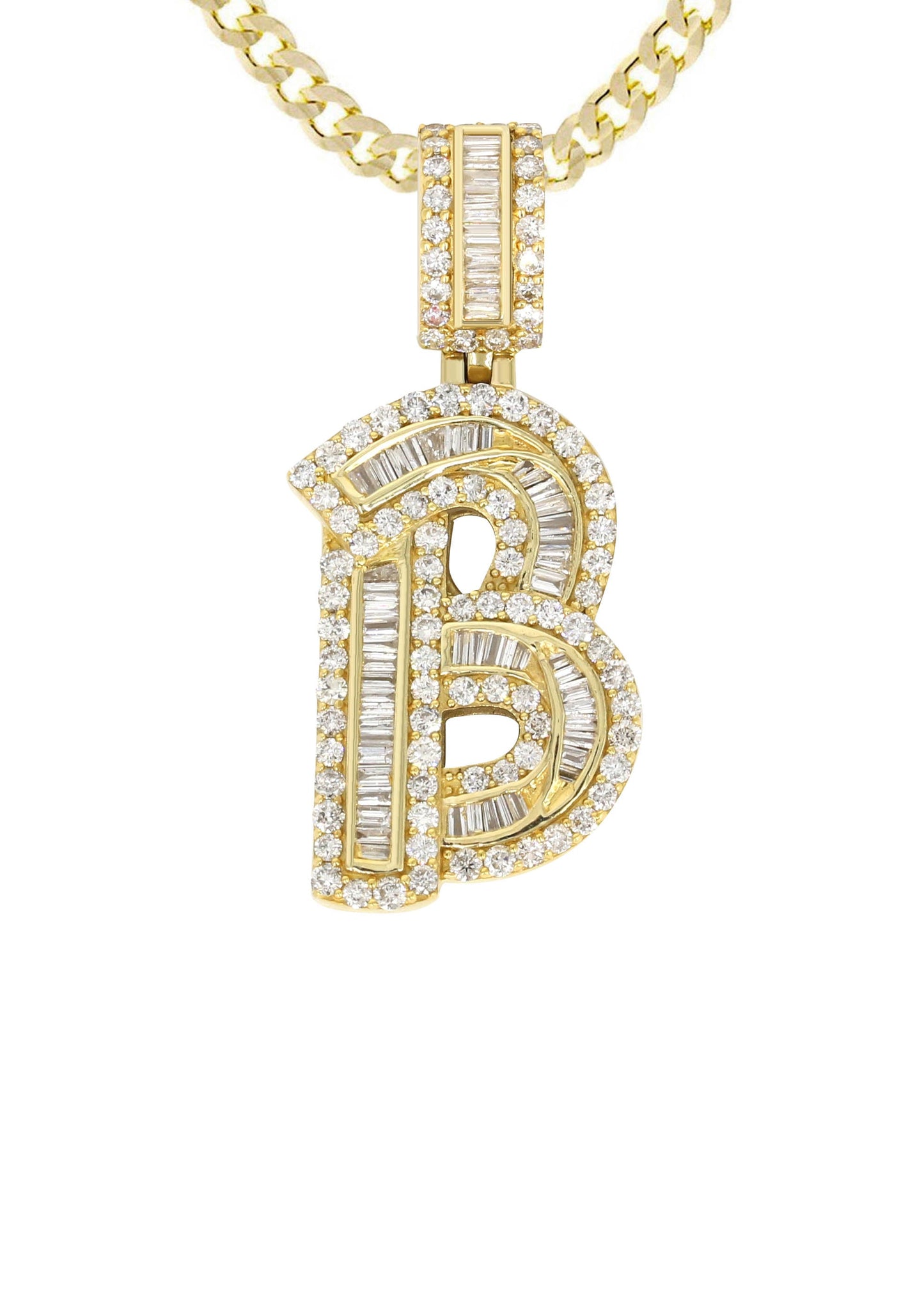 14K Yellow Gold Letter "B" Baguette Diamond Pendant