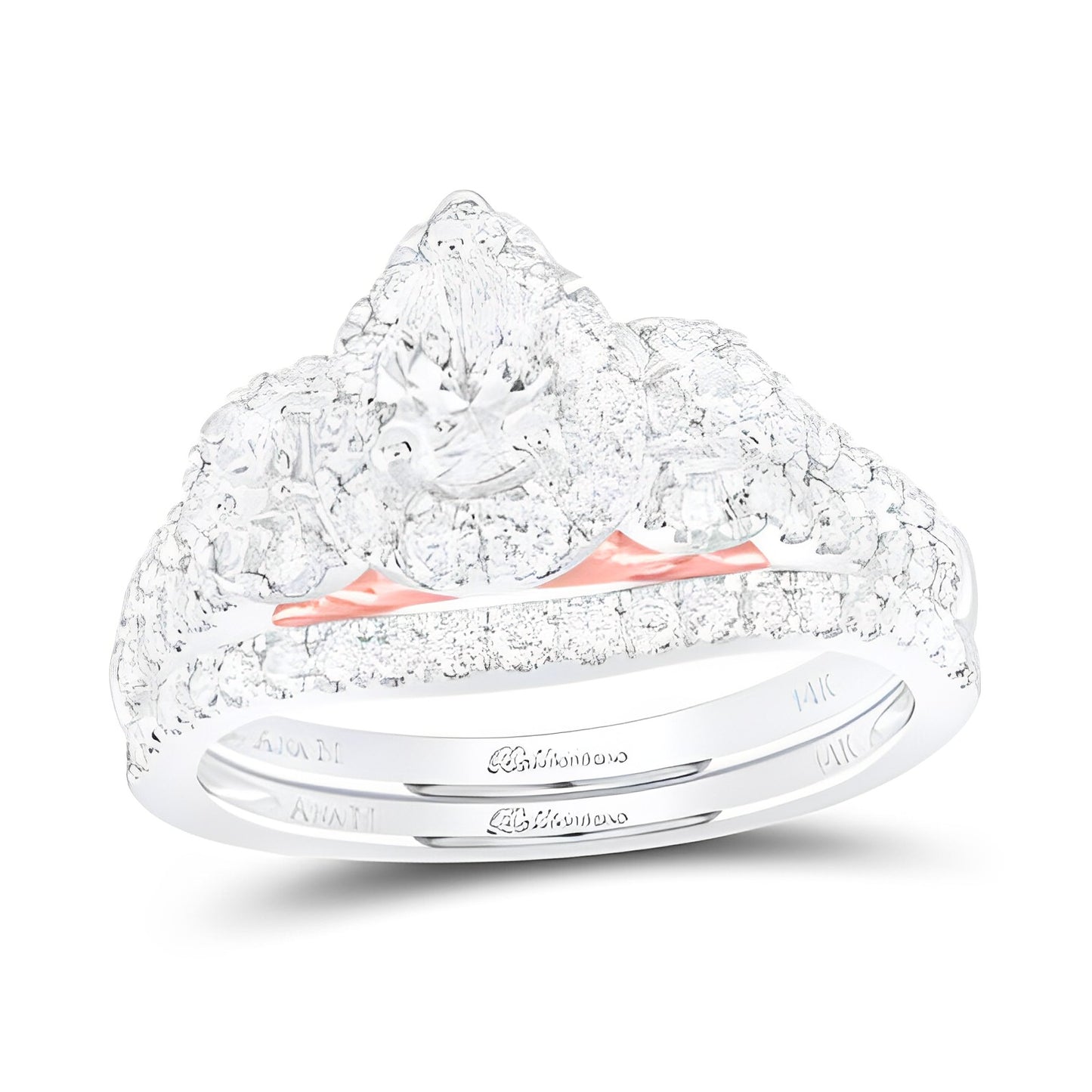 14K Two-Tone Gold Pear Diamond Halo Bridal Wedding Ring Set 1-1/2 CT-TW (CERTIFIED)