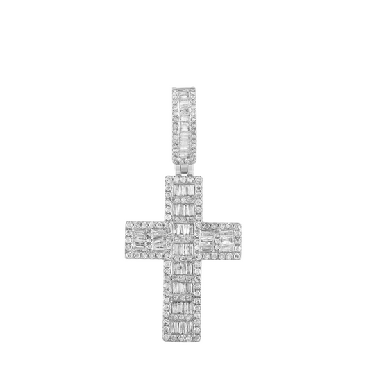 Mens Baguette Diamond Cross Charm Pendant in 10KT White Gold