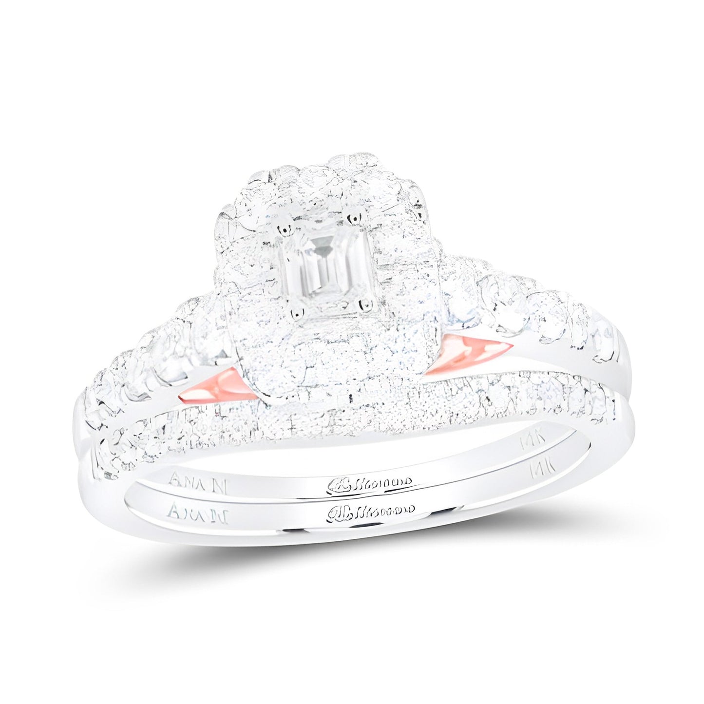 14K Two-Tone Gold Emerald Diamond Halo Bridal Wedding Ring Set 1 CT-TW (CERTIFIED)