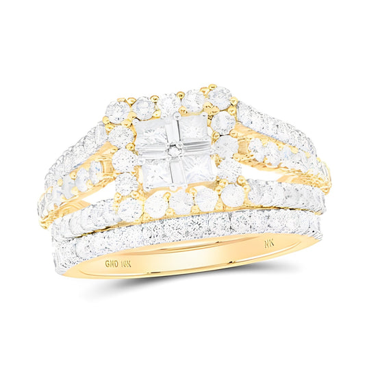 10K YELLOW GOLD PRINCESS DIAMOND SQUARE BRIDAL WEDDING RING SET 2 CTTW