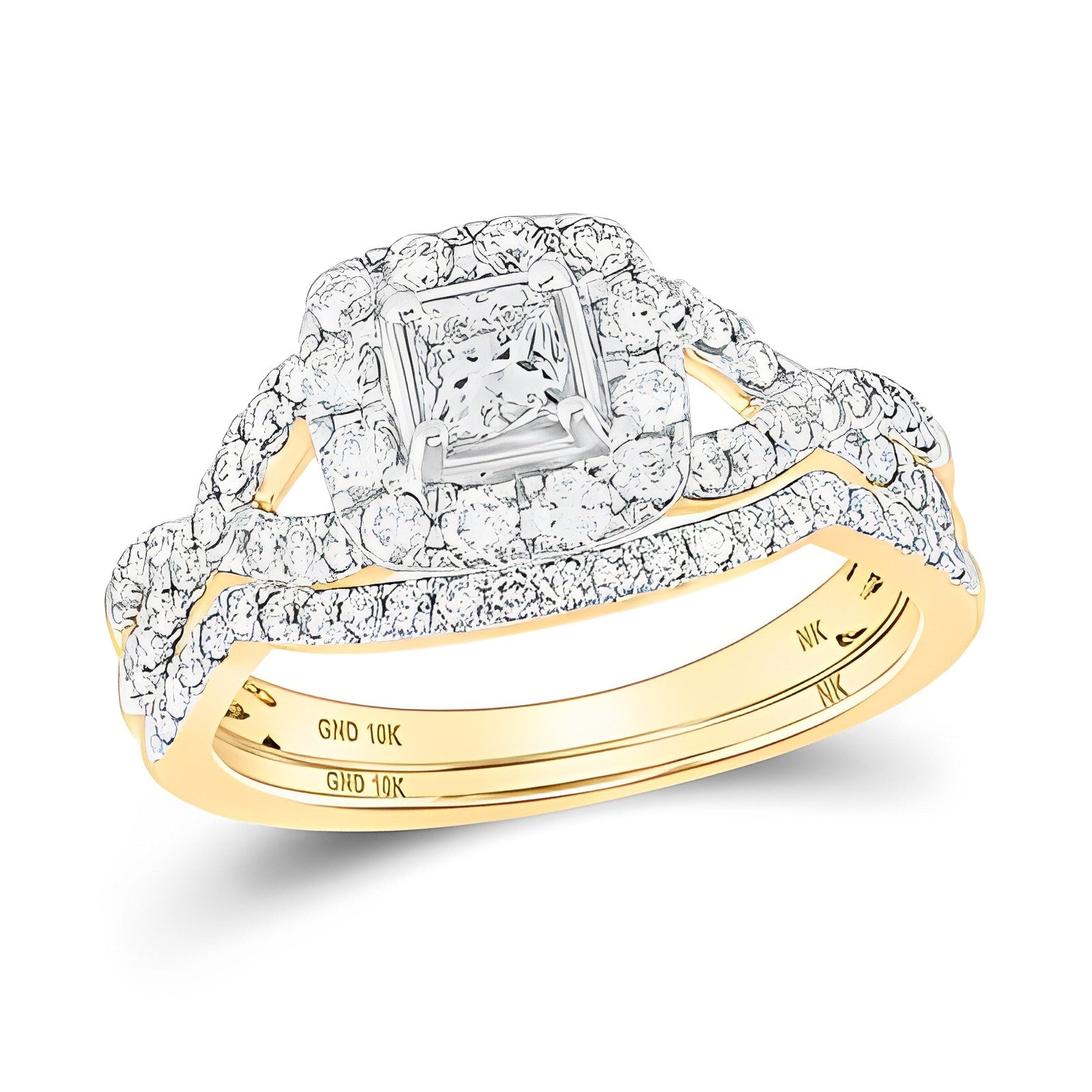 14K TWO-TONE GOLD PRINCESS DIAMOND BRIDAL WEDDING RING SET 1-1/4 CTTW (CERTIFIED)
