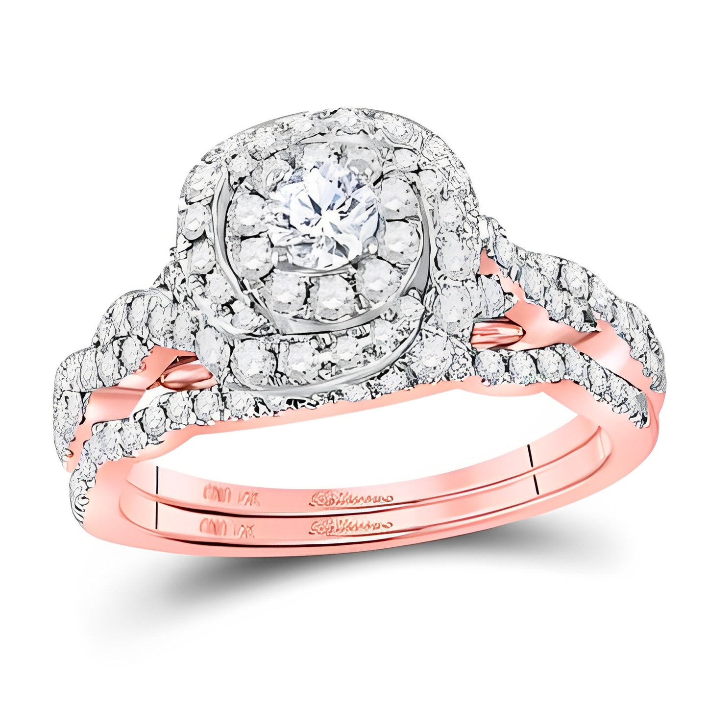 14K TWO-TONE GOLD ROUND DIAMOND HALO BRIDAL WEDDING RING SET 1 CTTW (CERTIFIED)