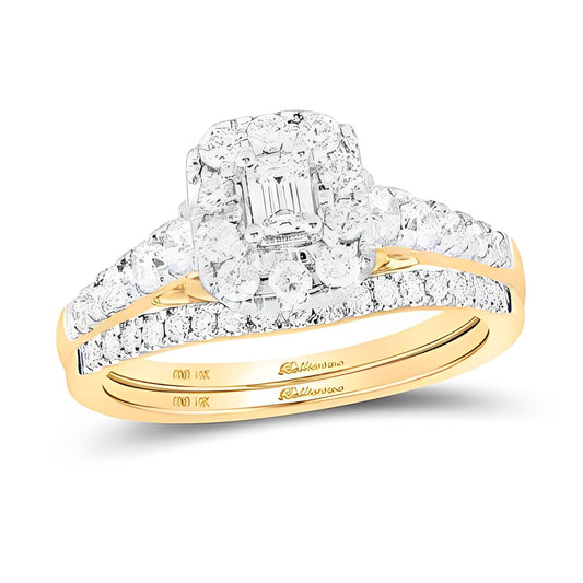 14K Two-Tone Gold Emerald Diamond Halo Bridal Wedding Ring Set 1 CT-TW (CERTIFIED)