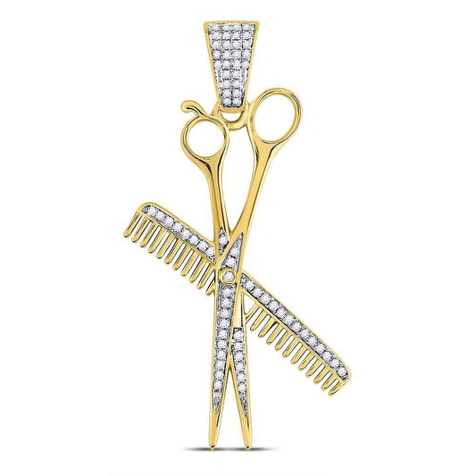 Gold Diamond Barber Scissors Comb Clippers Charm Pendant - 10KT Gold