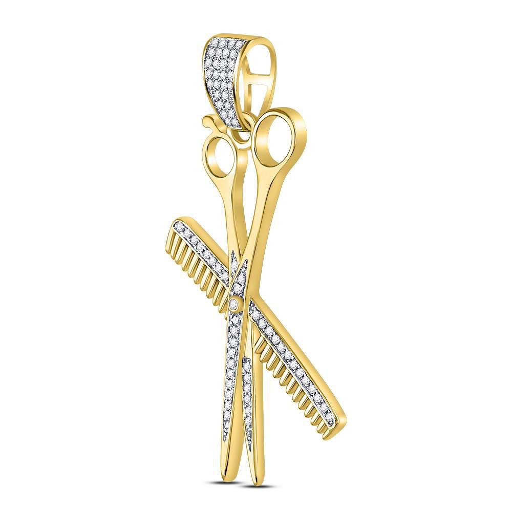 Gold Diamond Barber Scissors Comb Clippers Charm Pendant - 10KT Gold