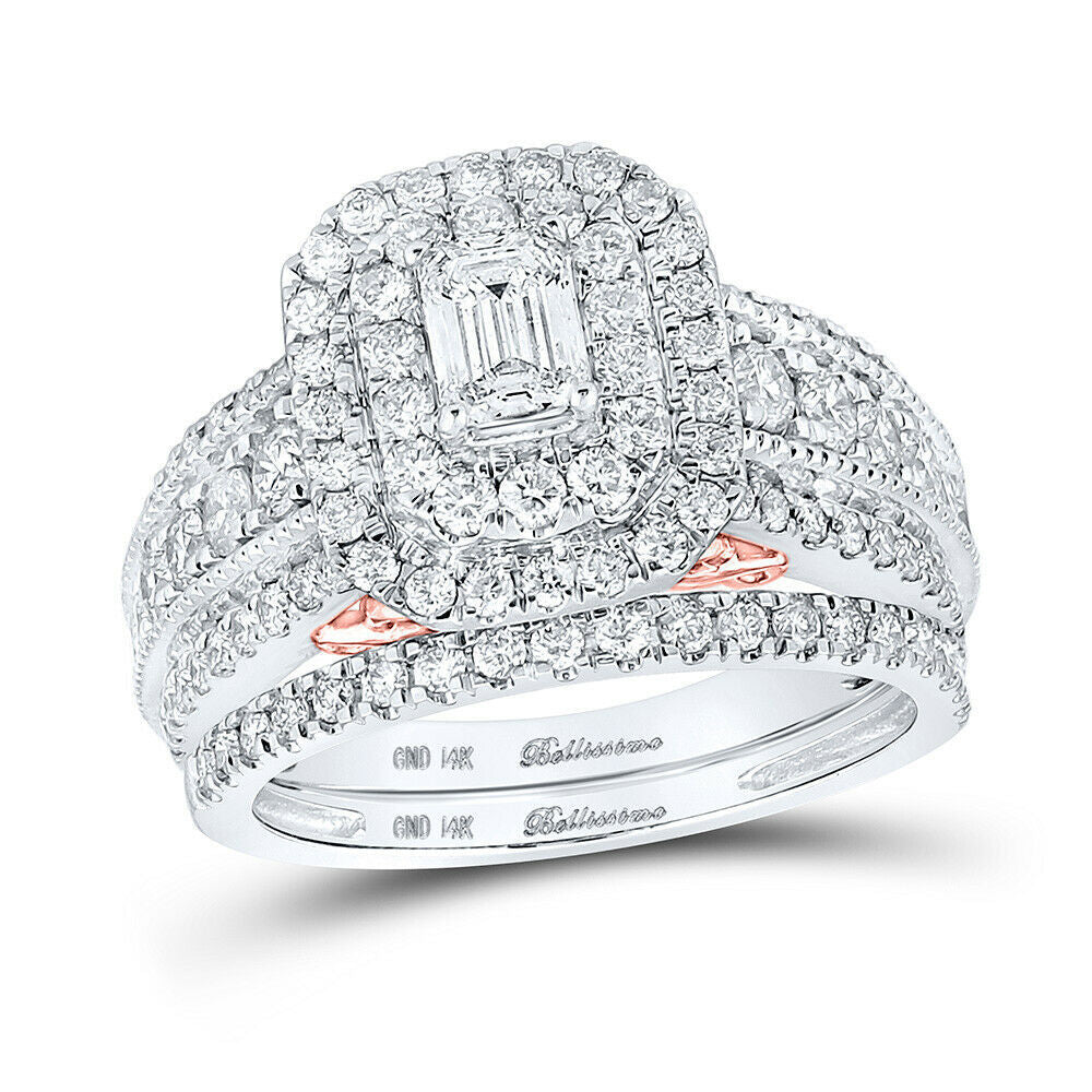 14K Two-Tone Gold Emerald Diamond Halo Bridal Wedding Ring Set 2 CT-TW (CERTIFIED)